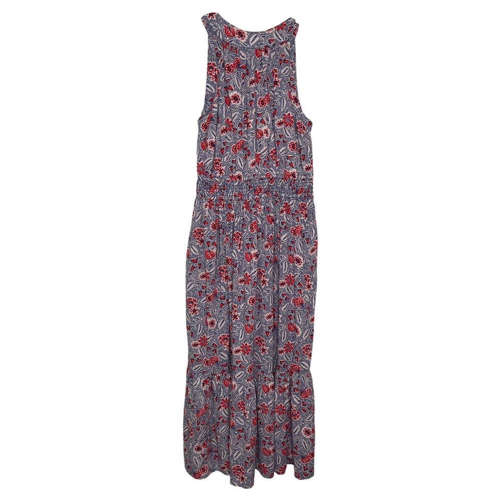 Wonderly XS Floral Maxi Dress Red White Blue Smocked Waist Tiered Halter Tie
